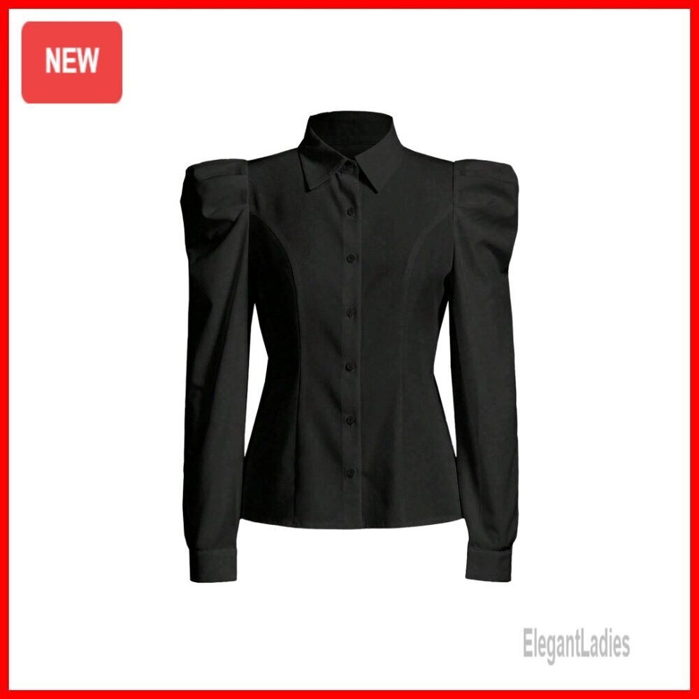 Puff Sleeve Button Down Blouse, Office Wear, Long Sleeve Collared Top